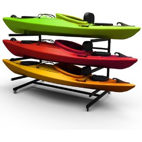 Heavy Duty Freestanding Kayak Storage Rack | 3 Tier Rack for Kayaks, Canoes, or SUPs | Adjustable Outdoor Kayak Storage | Indoor/Outdoor Weather Resistant Water Sports Storage Rack