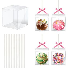 50 Set Cake Pop Boxes with Paper Sticks Kit: Clear Gift Container with Holes for Candy, Macaron, Chocolates, Lollipop Packaging, Mini Plastic Treat Wrapping for Wedding Party Birthday Christmas