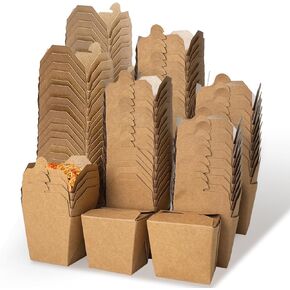 100 Pack Chinese Take Out Food Boxes, 8 Oz Microwaveable Kraft Brown Paper To Go Containers, Leak and Grease Resistant Party Favor Boxes for Candy Buffet, Stackable Meal Pails