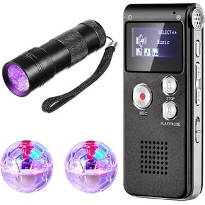 Dunzy 4 Pcs Ghost Hunting Equipment Kit Includes 1 Pocket Digital Voice Recorder 2 LED Light Up Pet Cat Ball 1 Black UV Flashlight, 8 GB (Stylish)(Classic)