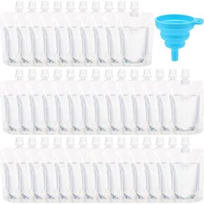 Patelai 300 Pieces Plastic Liquid Pouch Reusable Juice Pouches Travel Water Pouch Leak Proof Bags Bulk with Collapsible Silicone Funnel for Travel Outdoor (8 oz)