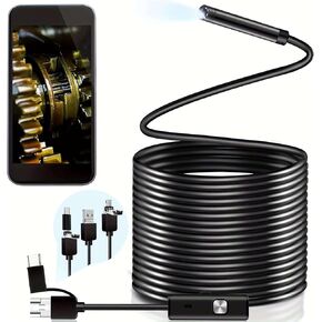 Endoscope Camera with Lighting, 3-in-1 Snake Camera, 16.6 feet (About 5 Meters) semi-Rigid Wire, Used for Pipeline Inspection, 640P high-Definition Endoscope, Suitable for Android and PC