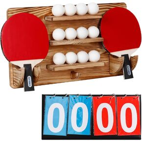 Wall Mounted Ping Pong Paddle Rack - Table Tennis Storage Holder for Rackets and Balls Storage in Garage, Bedroom, Home, Rustic Burnt