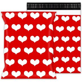 Whaline 100Pcs Valentine’s Day Poly Mailer 10 x 13 In Love Heart Mailing Waterproof Bag Red White Self-Sealing Plastic Packaging Envelope Bag Bulk Tear Resistant Packaging For Small Business