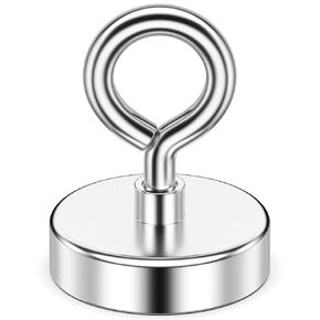 Neodymium Fishing Magnet, 150 lbs Pulling Force, Strong Rare Earth Magnet with Countersunk Hole Eyebolt for Hanging, Home, Kitchen, and Beach, Lake, River Retrieval (1.42 inch Diameter)