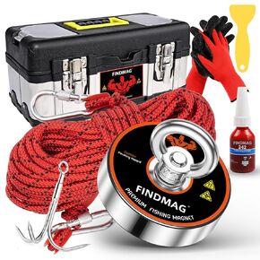 FINDMAG Magnet Fishing Kit, Heavy Duty Magnet for Magnet Fishing, 1000lbs Pulling Force, Including a 20 Meter Rope, a Carry Case, Gloves, a Grappling Hook, a Yellow Scraper, 3.54" Diameter