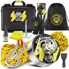 FINDMAG 2000 lbs+ Magnet Fishing Kit, Diameter 4.72inch(120mm), N52 Super Strong Magnet for Fishing with Carry Case, Gloves, 65ft Rope, Backpack, Scraper, 10 Piece Complete Set Fishing Magnet Kit