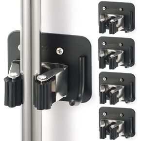 Stainless Steel Broom Holder, Heavy Duty, Rust Resistant, 4 Gripper Positions with 4 Hooks, Black