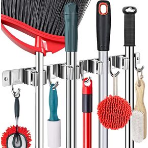 Piyl Broom Mop حامل جدار جبل مكنسة شماعات الحائط منظمة معدنية المرآب تخزين حديقة أدوات المطبخ المنظم مع 4 رفوف و 5 خطاف (أسود، 1 حزمة 4R5H)