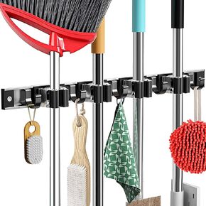 Mop and Broom Holder Wall Mount Metal Heavy Duty Utility Hooks Broom Organizer Garage Storage Systems Tool Racks for Home Laundry Garden Kitchen Organization (Black, 1 Pack 4R5H)