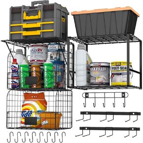 Garage Shelves Wall Mount with Wire baskets, 8-IN-1 Heavy Duty Garage Wall Shelving with Garden Tool Rack 2pack & 6pcs Hooks, Wire Shelf Baskets Tool Shelves for Home Garage Garden Storage