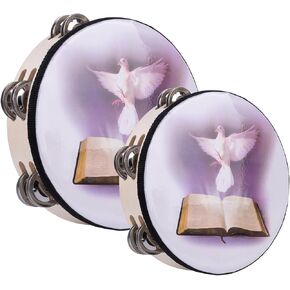 Framendino, 2 Pack 8" 10" Dove Bible Tambourine Wooden Hand Held Drum Double Row Jingle White