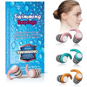 Swimming Ear Plugs for Adults,3 Pairs Waterproof Silicone Reusable Swim Earplugs for Swimming Surfing Diving Showering, Recommended for 14 Years Olds up