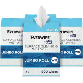 Everwipe من Tork Surface Cleaning Wet Wipe W12 Jumbo Rolls أبيض، ينظف ويزيل الروائح الكريهة، 4 × 900 منديل، 192830 (11100)