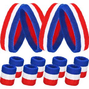 4 Sets Striped Sweatbands Set, Sports Sweatbands and Headband Wristbands Colorful Cotton Striped Sweatband Set American Flag Style for Men and Women(Red White and Blue)