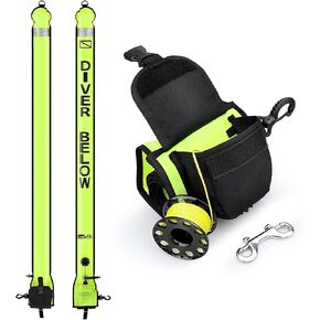 Surface Marker Buoy Scuba with Reel, 6ft/180cm High Visibility Diving Open Bottom Signal Tube Safety Sausage with Pouch Bag, 100ft ABS Dive Reel and Steel Double-Ended Bolt Snap (Yellow)