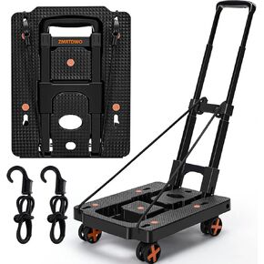 Folding Hand Truck Dolly Cart with 4 Wheels & 2 Elastic Ropes, Foldable Dolly Lightweight Portable Moving Dolly Cart for Luggage, Travel, Shopping