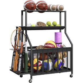 Sports Equipment Storage for Garage, Sports Equipment Organizer, Rolling Sports Ball Storage Cart, Garage Storage with Basket, Ball Holder for Baseballs, Basketballs, Black BEHB17101