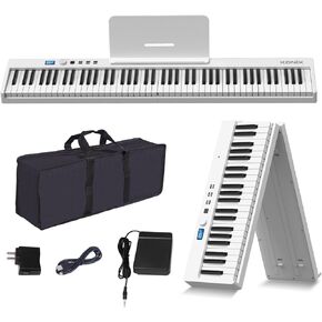 KONIX Folding Piano Keyboard, 88 Key Full Size Semi Weighted Foldable Keyboard Piano, Portable Bluetooth Electric Piano with Sheet Music Stand, Sustain Pedal and Piano Bag, White