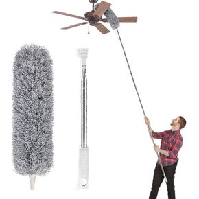 Lomida Microfiber Duster with Extension Pole(Stainless Steel), Extra Long 100 inches, with Bendable Head, Extendable Duster for Cleaning High Ceiling Fan, Interior Roof, Cobweb, Gap Dust Wet or Dry