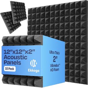18-Pack Sound Proof Foam Panels for Walls 12X12X2" Acoustic Panels Pyramid Style Sound Panels for Studio and Home Noise Reduction with Vibredux HD