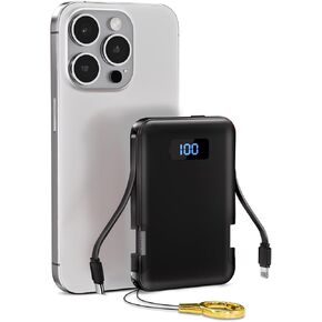 Ultra Slim Portable Charger, 5000mAh Mini Card Size Power Bank with Built-in Cable, 5V/2A High Speed Charging Battery Pack External Powerbank Compatible with iPhone 16 15 14 13 12 Samsung Google -Grey