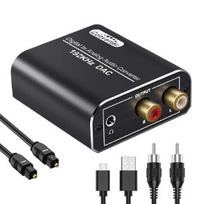 Digital to Analog Audio Converter, 192kHz DAC Digital Coaxial and Optical Toslink to Analog 3.5mm Jack Adapter and RCA (L/R) Stereo Audio Adapter with Optical Cable for HDTV Home Cinema Systems