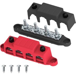 Bus Bar 250A 12V Power Distribution Block with 3/8" (M10) 4-Posts Terminals Block with Cover for Automotive, Marine, Battery System (Black & Red)