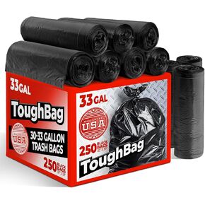 ToughBag 30-33 Gallon Trash Bags, 32 x 38" Black Garbage Bags (250 COUNT) – 30+, 32 Gallon Outdoor Industrial Garbage Can Liner for Custodians, Landscapers, Lawn Bags - Made In USA