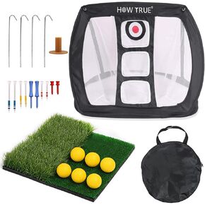 Pop Up Golf Chipping Net Dual Turf Hitting Mat with 3 Rubber Tees Combo, 3-Target Hole Practice Training Aid with 6 Training Balls for Indoor Backyard Practice Swing Game, Green