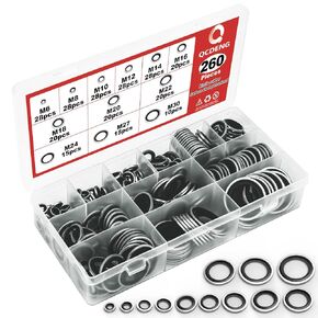 260PCS Metric Automotive Self-Centered Bonded Seal Washer, 12Size (M6 to M30) O Ring Sealing Washers Assortment