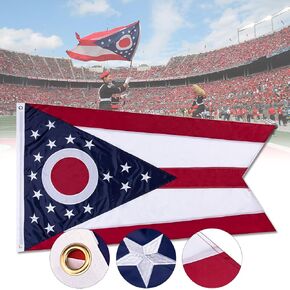 Ohio State Flag 3x5 ft OH Flag The Buckeye State Flag Heavy Duty 210D Nylon with Embroidered Stars Outdoor Indoor All Weather Burgee Flag with Strong Canvas Header/Brass Grommets/Sewn Stripes
