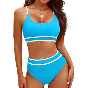 MISSJOY Women's High Waisted Bikini Sets Two Piece Tummy Control Swimsuits Color Block Adjustable Straps Bathing Suit