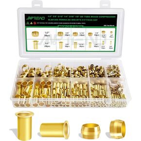 460pcs Brass Compression Sleeves Ferrules Inserts Fittings Assortment Kit, 1/2" 3/8" 5/16" 1/4" 3/16" 1/8" 6 Sizes Hose Repair Kit of Air Water Fuel Oil Gas Tube Lines