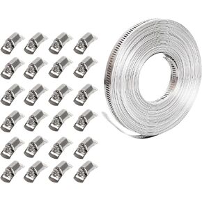 304 Stainless Steel Hose Clamp Assortment Kit DIY, Large Band Hose Clamp 50FT Metal Strap + 24 Stronger Fasteners, Adjustable Worm Gear Hose Clamps Screw Clamps Duct Tube Line Pipe Metal