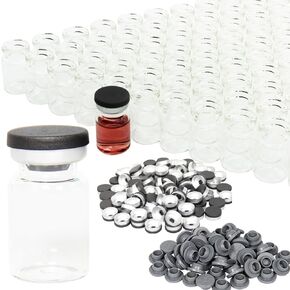 10ml Amber Glass Vials-2-1/2 Dram Amber Glass Headspace Vials with Black Plastic-Aluminum Flip Caps and Rubber Injection Stoppers, 100 Pack, 20mm Flat Bottom Lab Vial