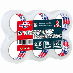 Heavy Duty Packing Tape 6 Rolls, Total 390Y, Clear, 2.8 mil, 1.88 inch x 65 Yards, Ultra Strong, Refill for Packaging and Shipping