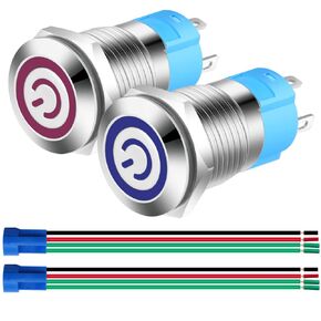 2pcs 0.47"/12mm Stainless Steel Self-locking Latching Push Button Switch 12V-24V 3A Power Symbol LED Normally Open SPST ON Off Waterproof Toggle Switch with Wire Socket Plug (Blue+Red)