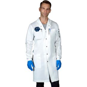 The Lab Coat Project - 100% قطن كيمياء للرجال طويل 6 جيوب، مزود بأزرار كبس وأكمام بأساور، ياقة هوي، أبيض