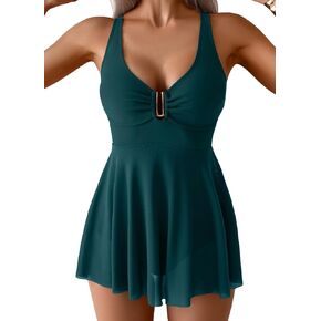 B2prity Women's One Piece Swim Dress Swimsuit Tummy Control V Neck Swimdress Mesh Bathing Suit Skirt U Ring Swimwear