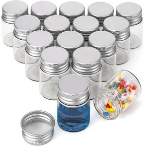 16Pcs 15ml(1/2oz) Empty Tiny Jars Small Glass Vials with Lids Lab Sample Vials Refillable Mini Glass Bottles with Silver Aluminum Screw Caps for DIY Crafts Essential Oils Storage Wedding Decoration