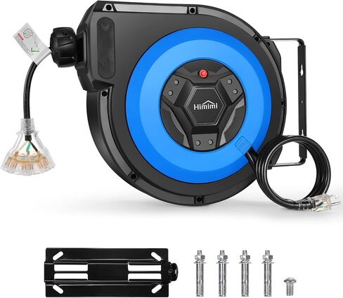 50FT+6.5FT Retractable Extension Cord Reel, Wall/Ceiling Mounted Extension Cord Reel for Garage Workshop, 14AWG/3C SJTOW, 13A Circuit Breaker, 3-Lighted Triple Outlets, Security Lock, UL Listed in Saudi Arabia