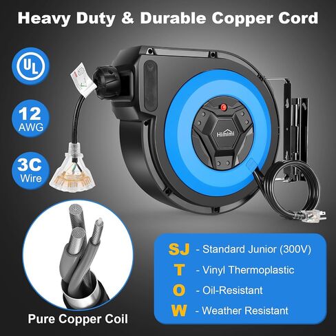 50FT+6.5FT Retractable Extension Cord Reel, Wall/Ceiling Mounted Extension Cord Reel for Garage Workshop, 14AWG/3C SJTOW, 13A Circuit Breaker, 3-Lighted Triple Outlets, Security Lock, UL Listed in Saudi Arabia