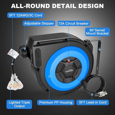50FT+6.5FT Retractable Extension Cord Reel, Wall/Ceiling Mounted Extension Cord Reel for Garage Workshop, 14AWG/3C SJTOW, 13A Circuit Breaker, 3-Lighted Triple Outlets, Security Lock, UL Listed in Saudi Arabia