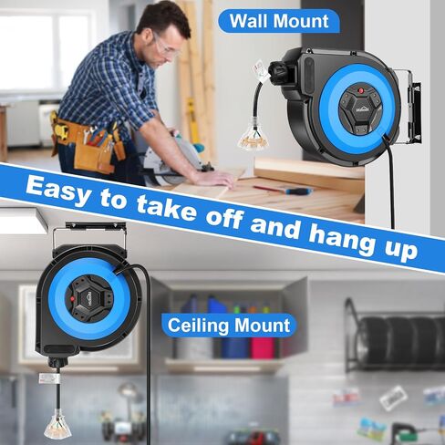 50FT+6.5FT Retractable Extension Cord Reel, Wall/Ceiling Mounted Extension Cord Reel for Garage Workshop, 14AWG/3C SJTOW, 13A Circuit Breaker, 3-Lighted Triple Outlets, Security Lock, UL Listed in Saudi Arabia