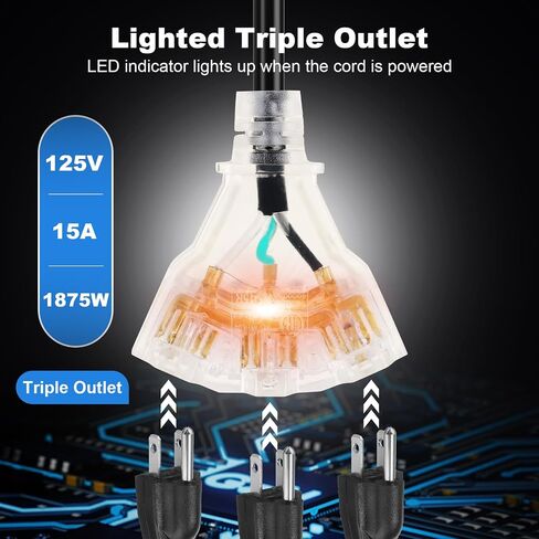 50FT+6.5FT Retractable Extension Cord Reel, Wall/Ceiling Mounted Extension Cord Reel for Garage Workshop, 14AWG/3C SJTOW, 13A Circuit Breaker, 3-Lighted Triple Outlets, Security Lock, UL Listed in Saudi Arabia