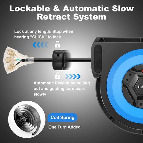 50FT+6.5FT Retractable Extension Cord Reel, Wall/Ceiling Mounted Extension Cord Reel for Garage Workshop, 14AWG/3C SJTOW, 13A Circuit Breaker, 3-Lighted Triple Outlets, Security Lock, UL Listed in Saudi Arabia