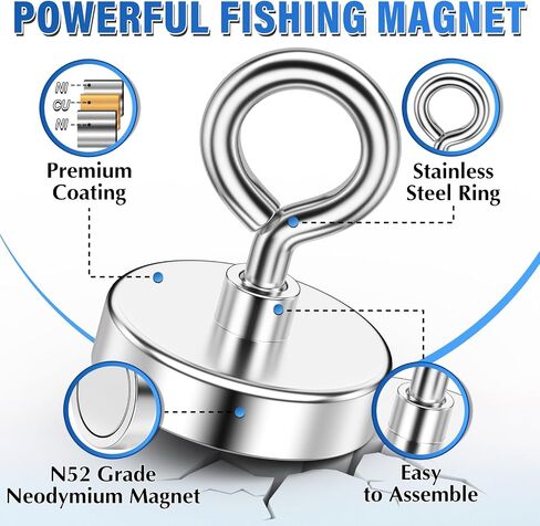 Fishing Magnet, 700 lbs Strong Heavy Duty Magnet with Hooks | Strong Magnets, 3 in Diameter, Single-Sided Design for Tool Room, Hanging Heavy Items, Fishing in Saudi Arabia