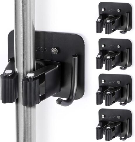 Stainless Steel Broom Holder, Heavy Duty, Rust Resistant, 4 Gripper Positions with 4 Hooks, Black in Saudi Arabia