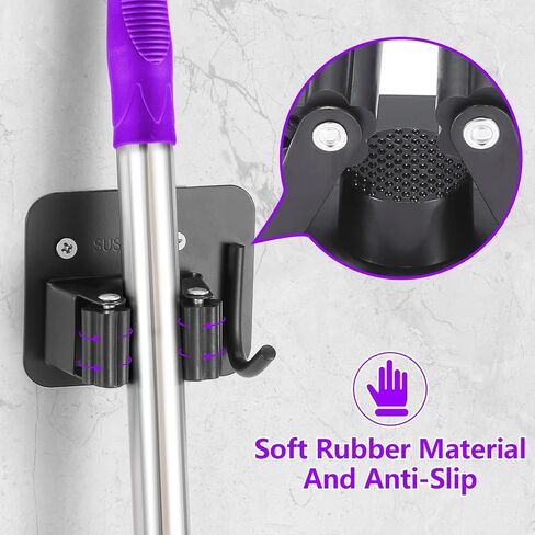 Stainless Steel Broom Holder, Heavy Duty, Rust Resistant, 4 Gripper Positions with 4 Hooks, Black in Saudi Arabia